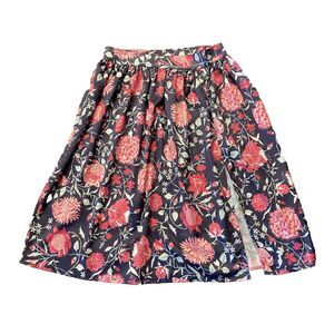 Cottagecore Floral Skirt Womens LARGE Pleated Slit Coastal Navy Blue Pink